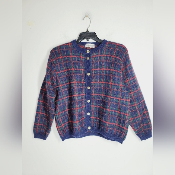 Edinburgh Mohair Plaid Button-Up Women's Sweater, Size Large - Picture 1 of 5